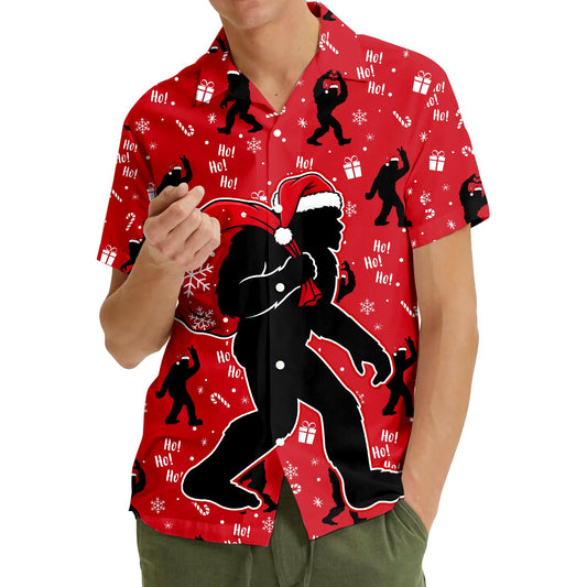 Main view of the red Bigfoot Christmas Hawaiian shirt featuring snowflakes and candy canes