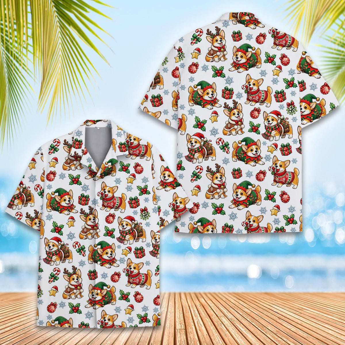 Christmas hawaiian shirt featuring cute corgi dogs in festive outfits, main view
