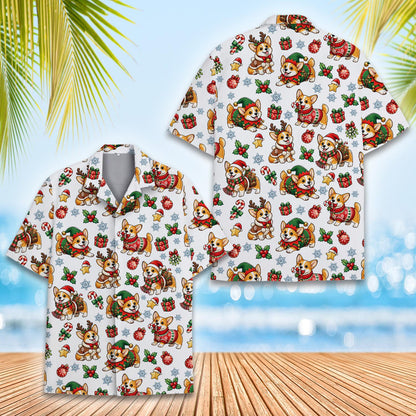 Front view of the white holiday hawaiian shirt with corgi and snowflake pattern