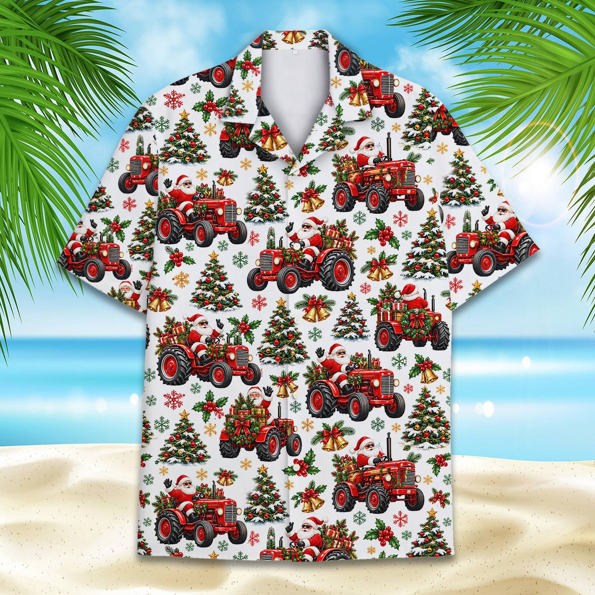 Front view of christmas hawaiian shirt showing multicolor holiday pattern