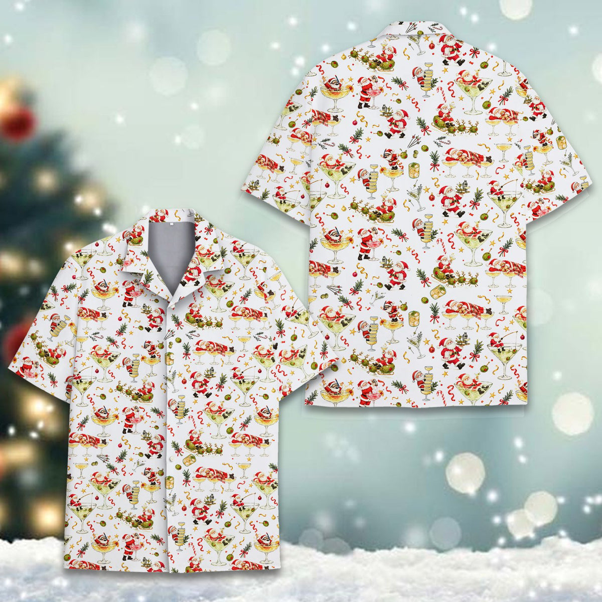 Front view of the matching family hawaiian shirt with Santa pattern