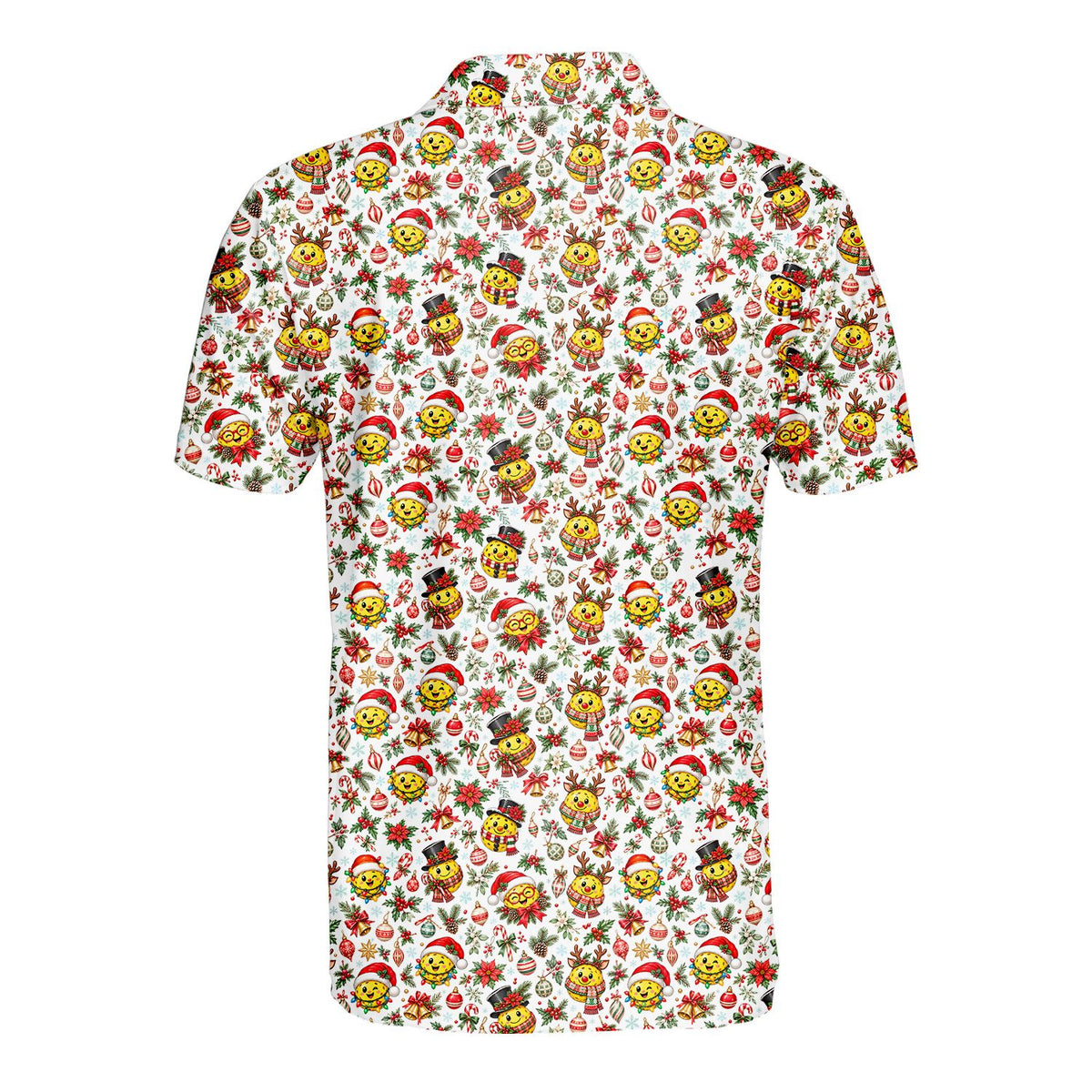 Matching family hawaiian shirts featuring a christmas pattern with smiley ornaments, main view