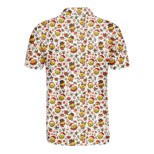 Matching family hawaiian shirts featuring a christmas pattern with smiley ornaments, main view