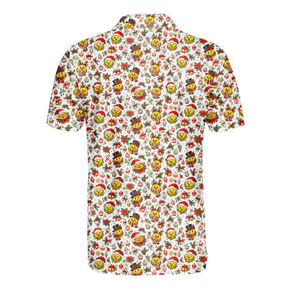 Front view of the christmas hawaiian shirt showing smiley ornaments and candy canes