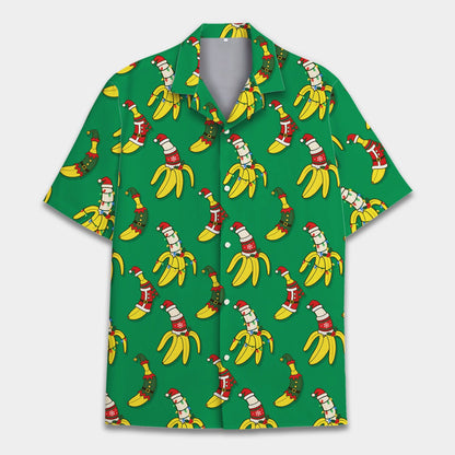 Front view of the matching family christmas hawaiian shirt with festive bananas in green, yellow, and red