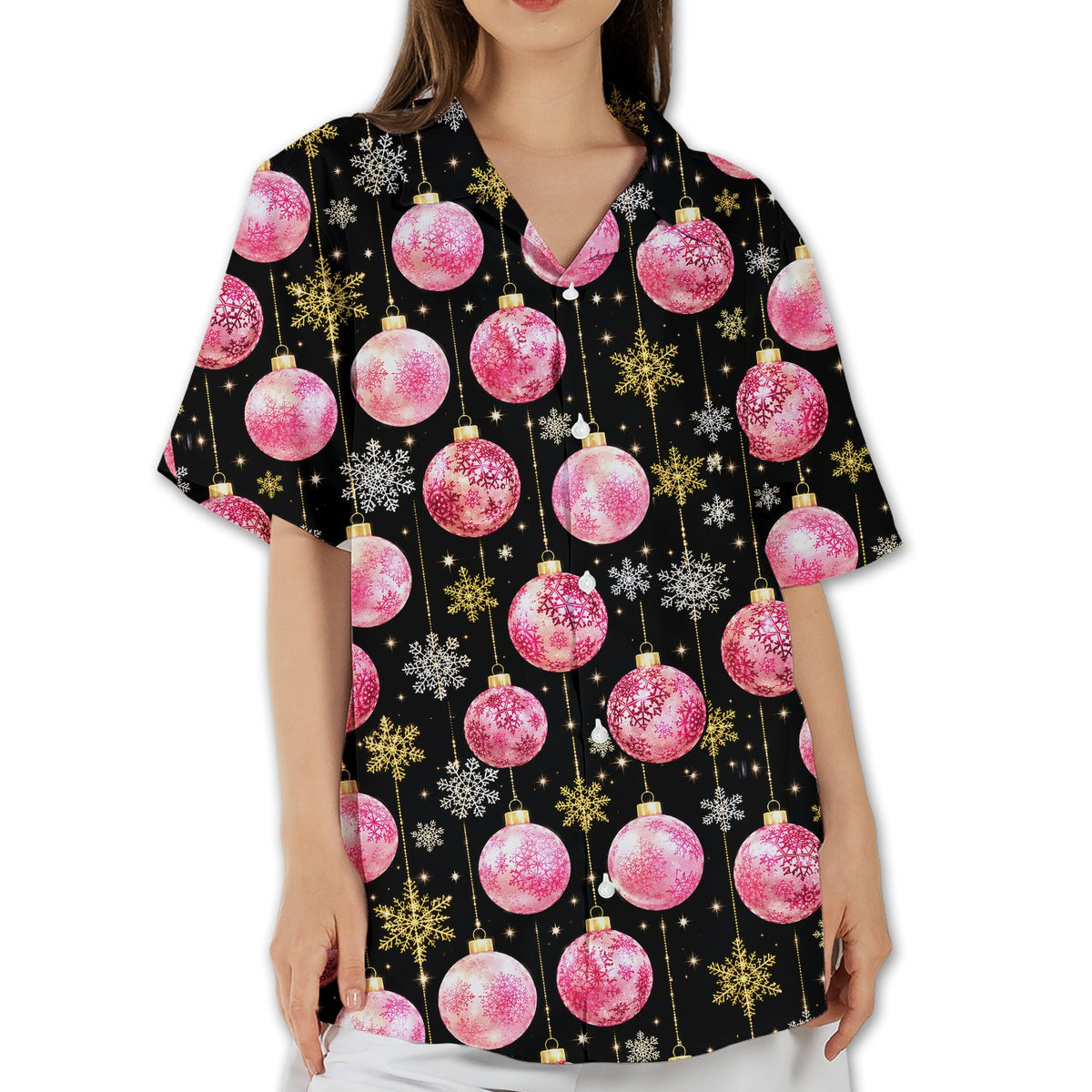 Men christmas hawaiian shirt featuring pink ornaments and gold snowflakes on a black background, main view