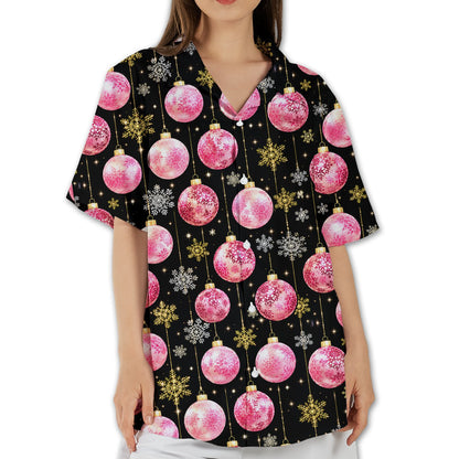 Men christmas hawaiian shirt featuring pink ornaments and gold snowflakes on a black background, main view