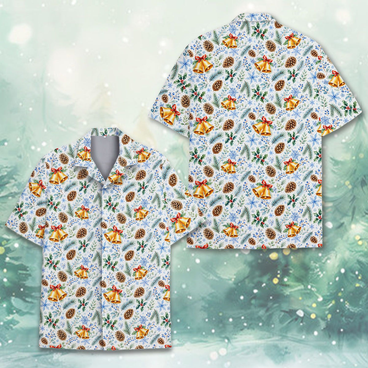 Front view of the white Christmas Hawaiian shirt with holiday pattern.