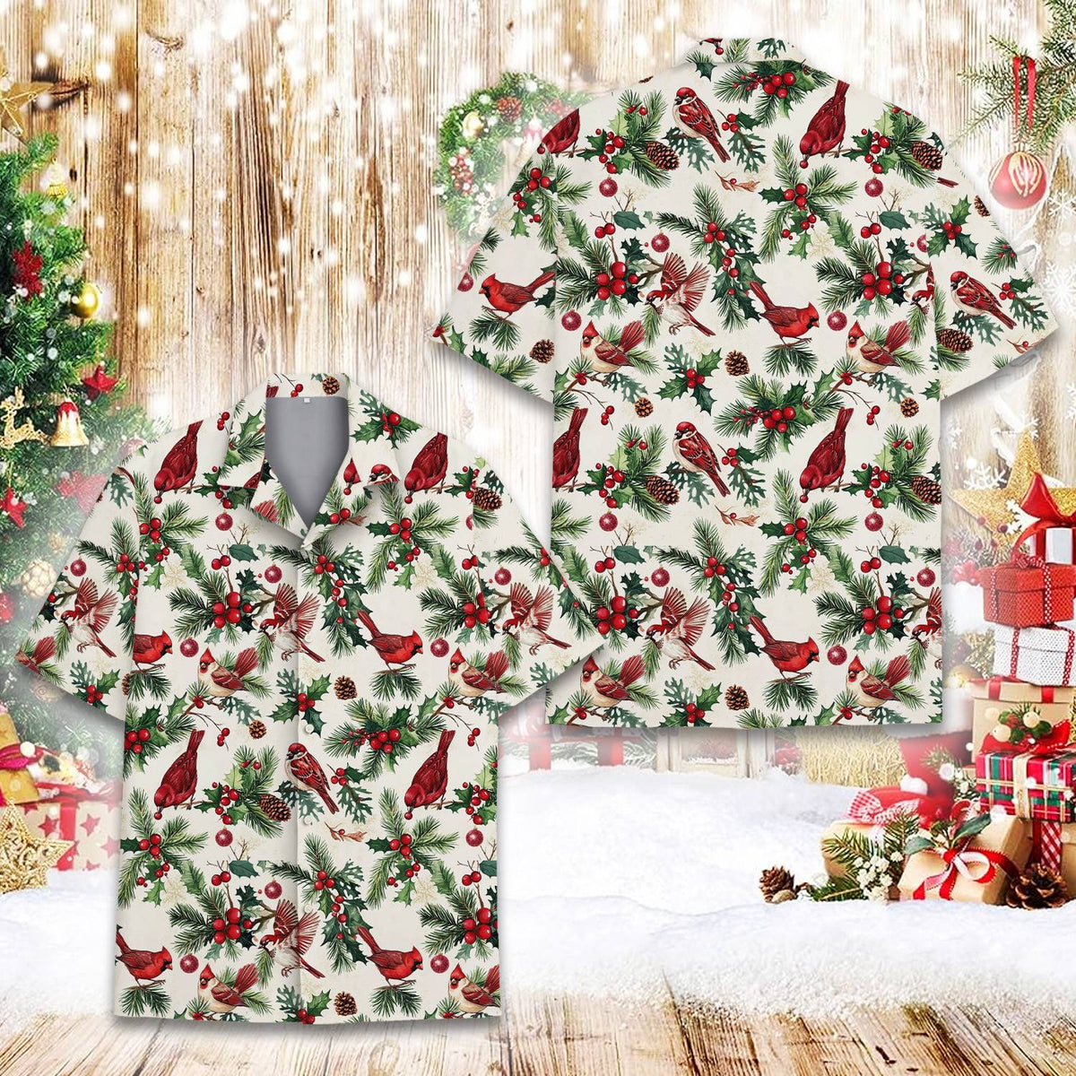 Front view of the matching family christmas shirt hawaiian