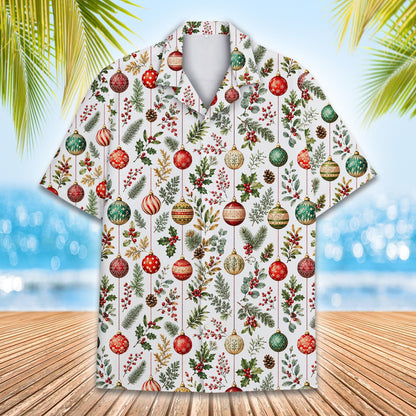 Women's christmas hawaiian shirt with festive ornaments, main view