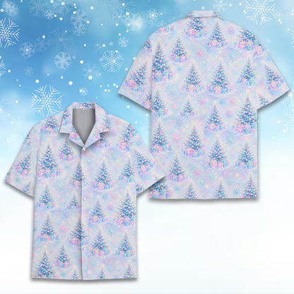 Pastel christmas hawaiian shirt with decorated trees and snowflakes, main view