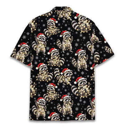 Christmas hawaiian shirt womens featuring raccoons and holiday lights on a black background, main view