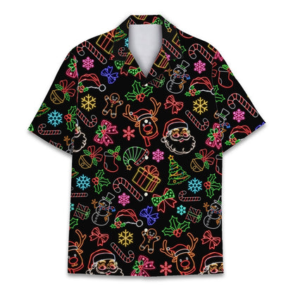 Black christmas hawaiian shirt featuring neon holiday icons, main view