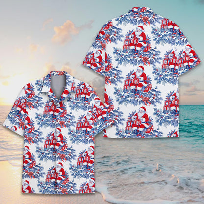 Front view of the white holiday hawaiian shirt with Santa print