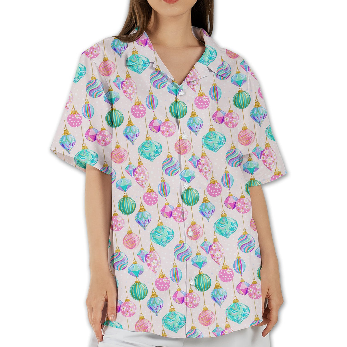 Front view of the pastel ornament christmas hawaiian shirt
