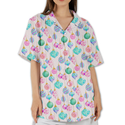 Christmas hawaiian shirt with pastel ornaments on pink background, main view