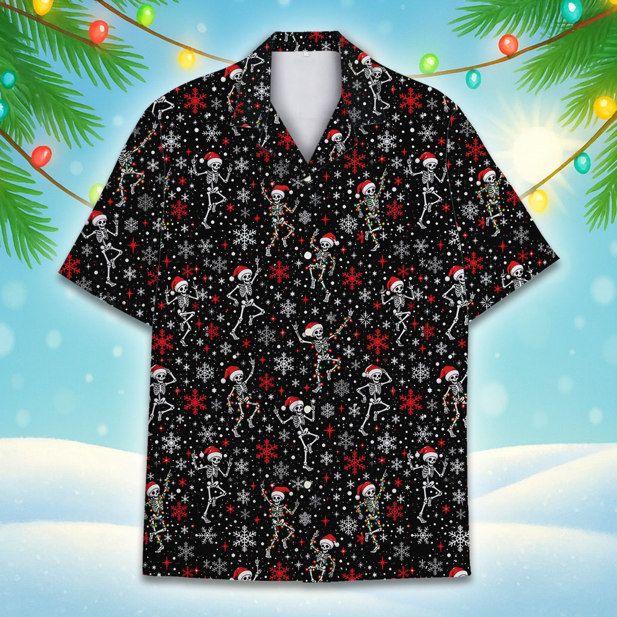 Christmas hawaiian shirt with dancing skeletons and Santa hats on a black background, front view