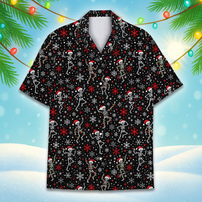 Front view of the christmas hawaiian shirt showing the skeleton pattern
