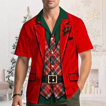 Red hawaiian christmas shirt featuring a Santa suit illusion design, main view