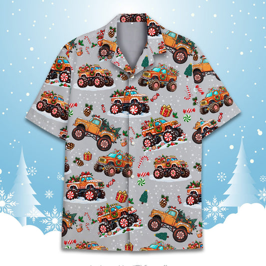 Gray Christmas hawaiian shirt featuring orange monster trucks and snowflakes