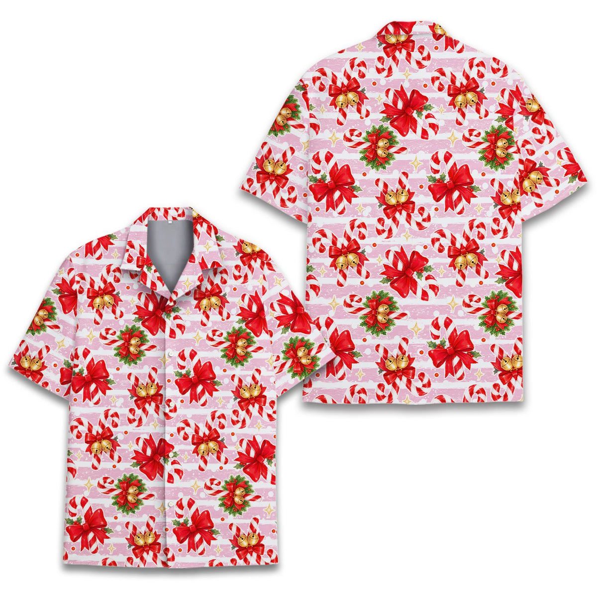 Pink christmas hawaiian shirt with candy canes and pink stripes, main view