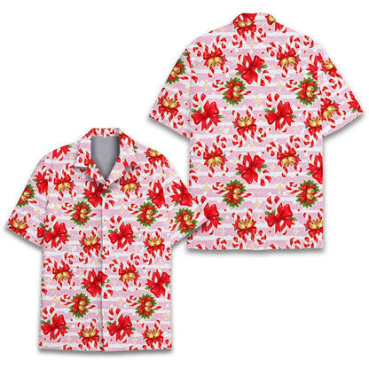 Pink christmas hawaiian shirt with candy canes and pink stripes, main view