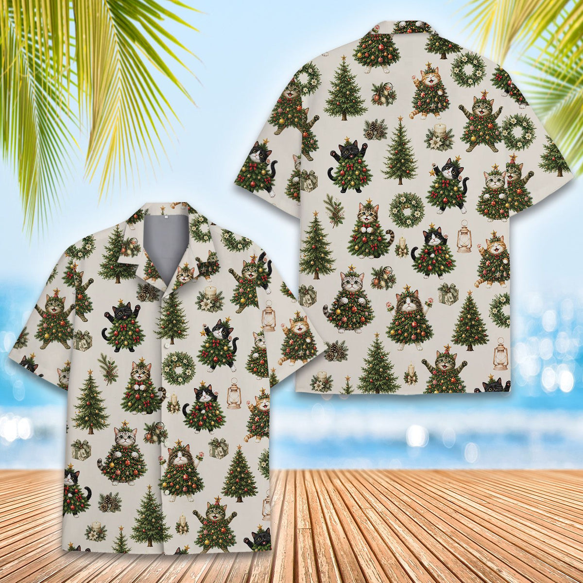 Christmas hawaiian shirt with cat tree design on a beige background, main view
