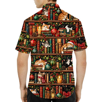 Front view of the multicolor christmas hawaiian shirt with bookshelf design