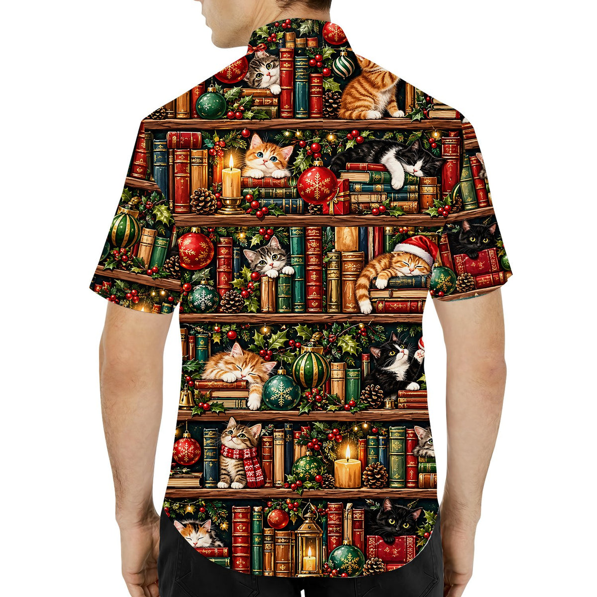 Matching family christmas hawaiian shirt featuring cats and vintage books print, main view