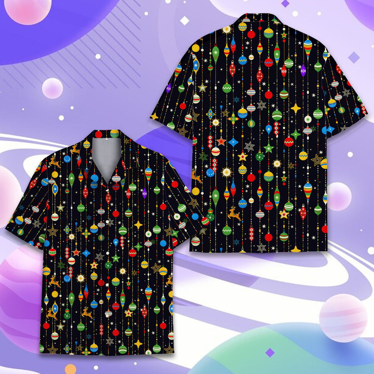 Front view of the christmas hawaiian shirt with festive holiday ornaments