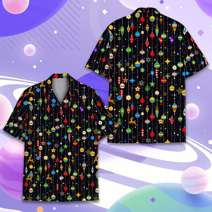 Front view of the christmas hawaiian shirt with festive holiday ornaments