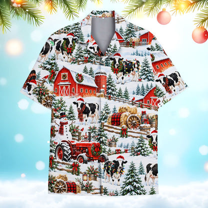 Front view of the white, red, and green christmas hawaiian shirt featuring festive cows