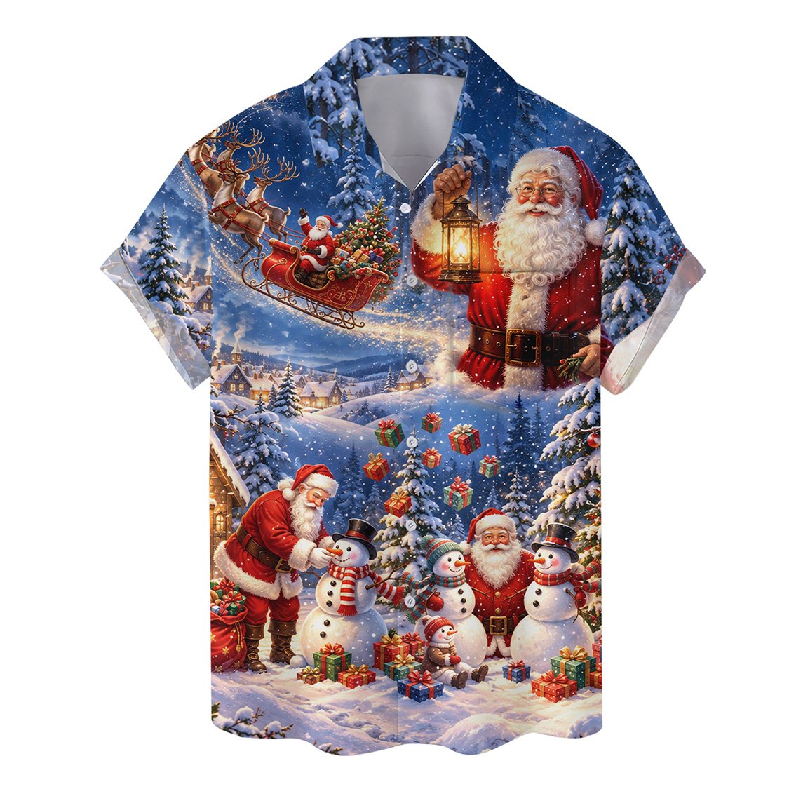 Front view of the matching family hawaiian shirts with Santa Claus design