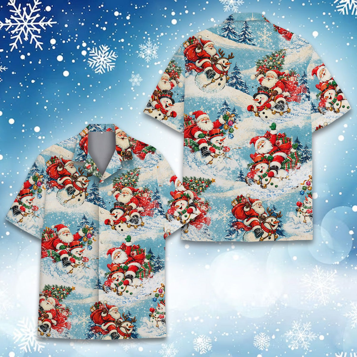 Matching family Christmas hawaiian shirt with Santa and snowman, front view