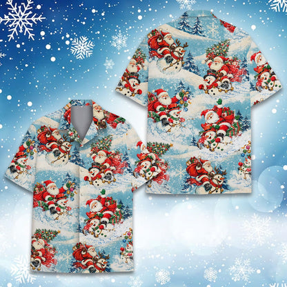 Front detail of the blue and white holiday hawaiian shirt