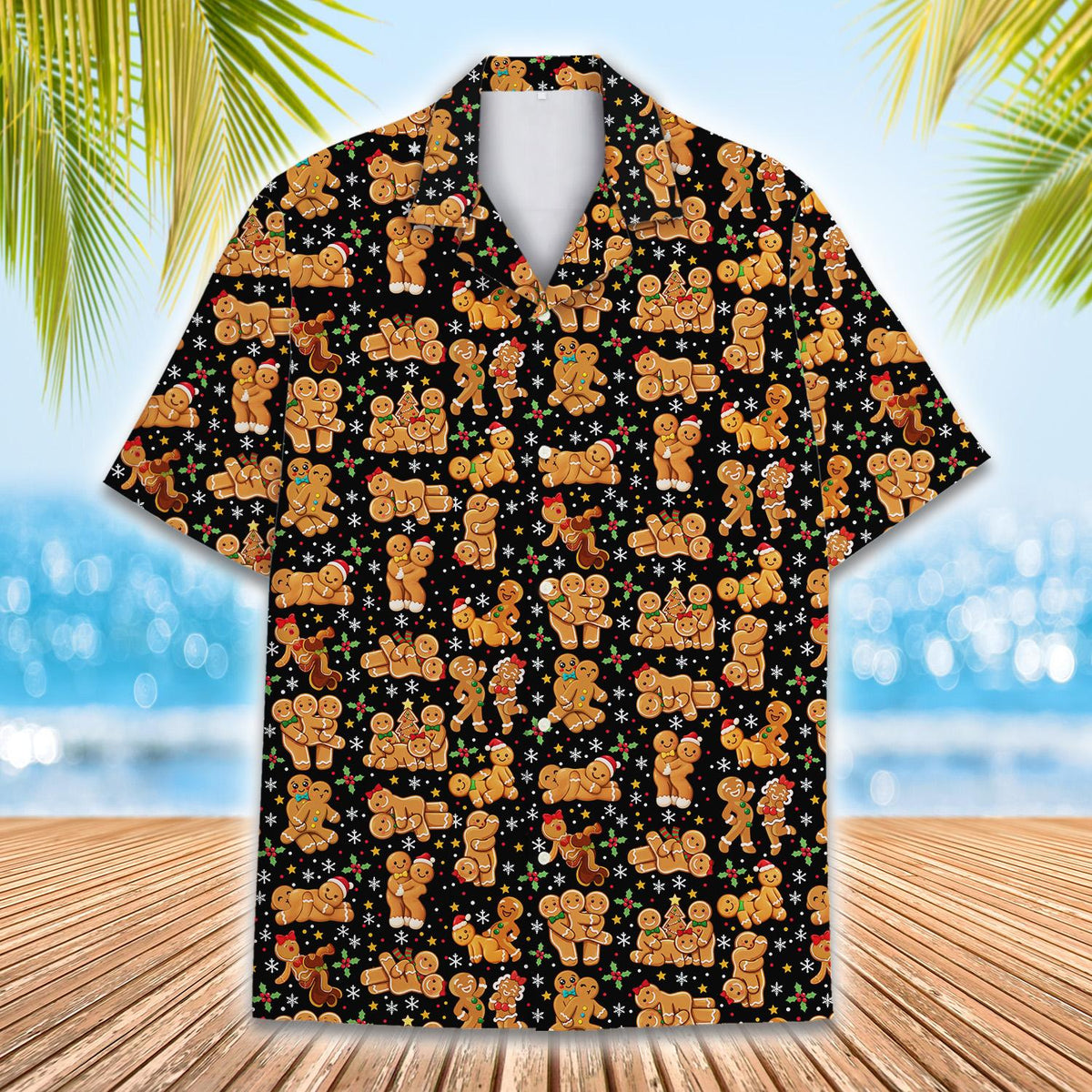 Gingerbread men pattern matching family hawaiian shirt, front view