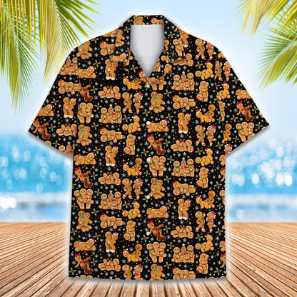 Gingerbread men pattern matching family hawaiian shirt, front view
