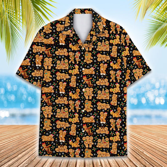 Christmas hawaiian shirt with funny gingerbread men pattern, front view