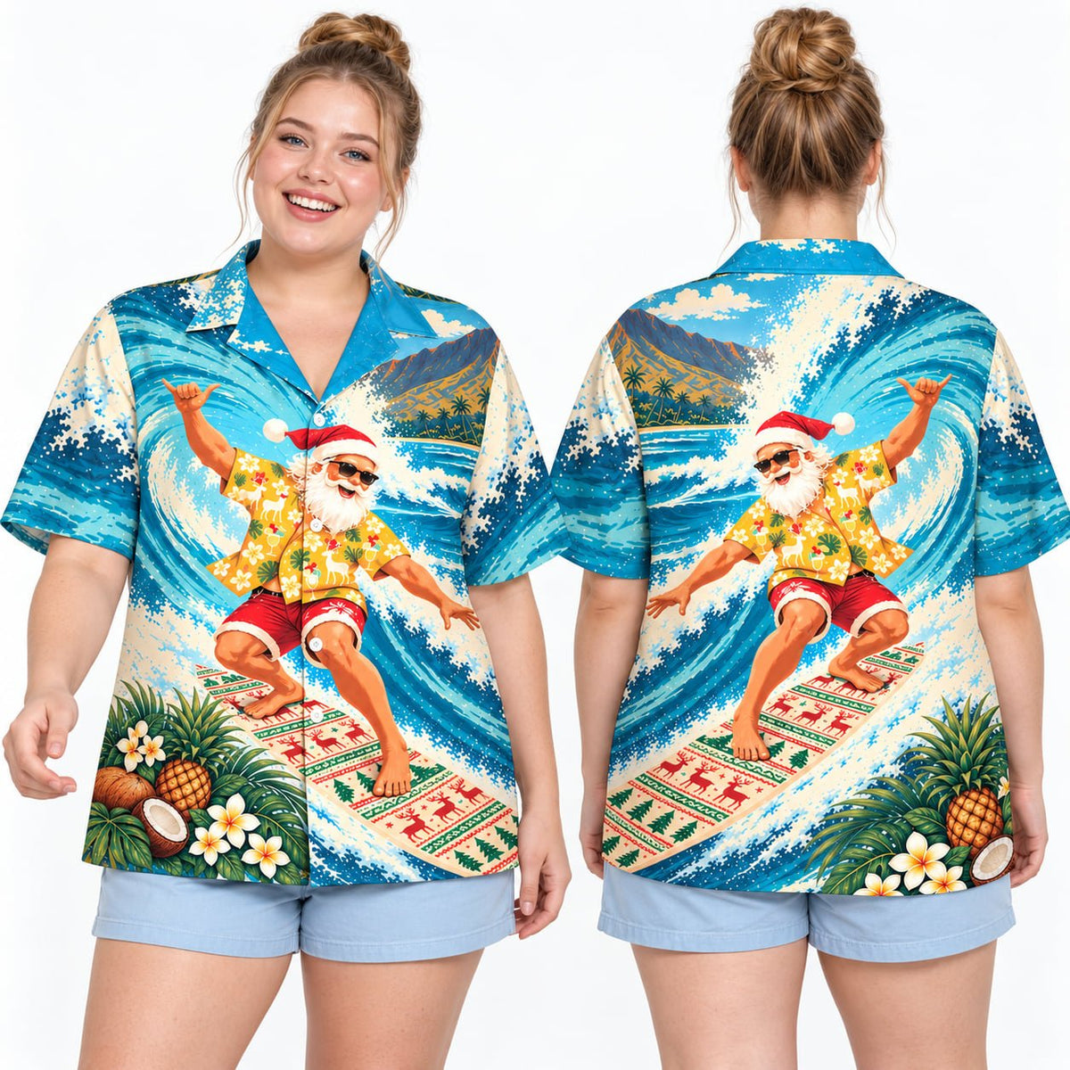 Lifestyle view of the matching family hawaiian shirts featuring a tropical Christmas theme