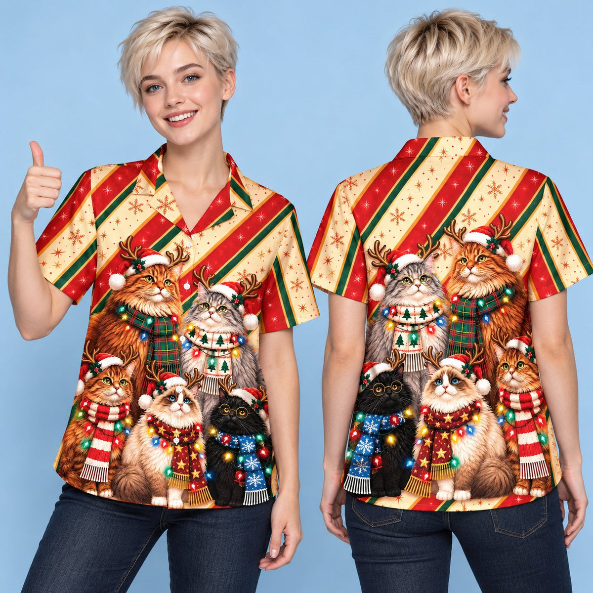 Lifestyle view of matching family hawaiian shirts with cat design