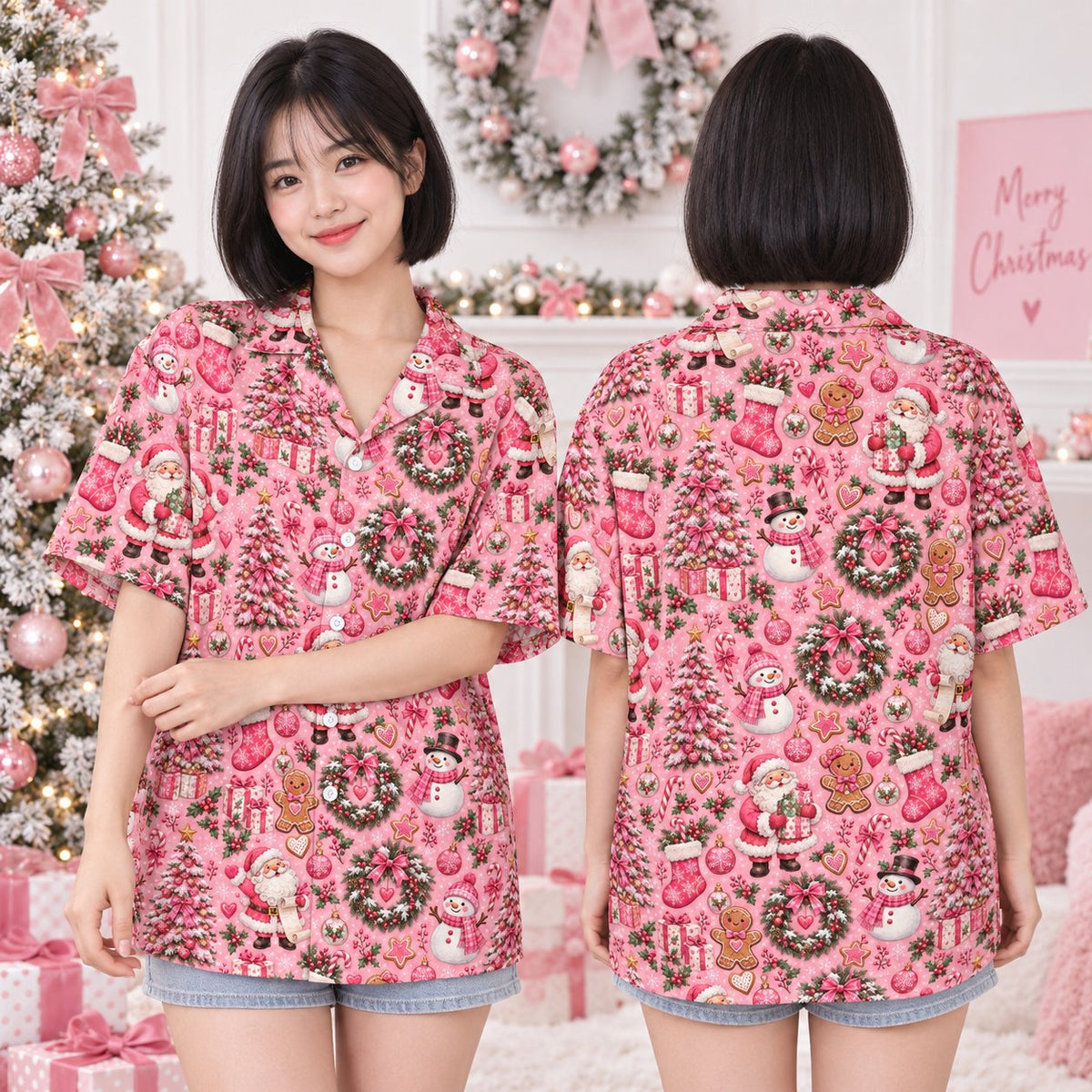 Lifestyle view of the pink holiday hawaiian shirt worn for festive gatherings