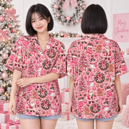 Lifestyle view of the pink holiday hawaiian shirt worn for festive gatherings