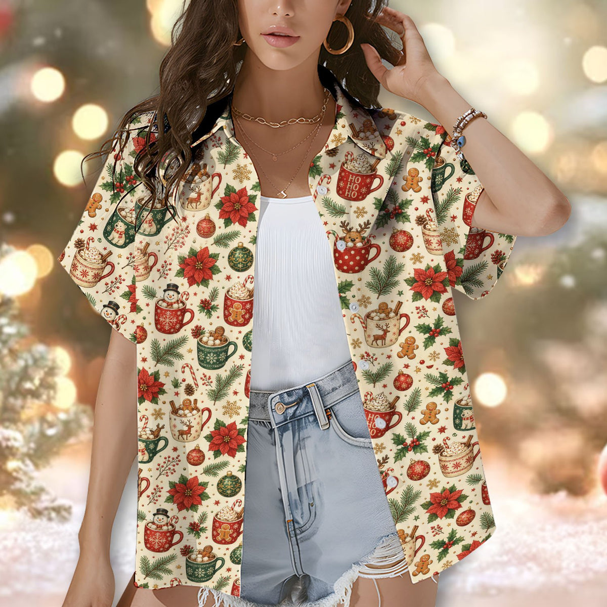 Second lifestyle view of the christmas hawaiian shirt in a festive setting