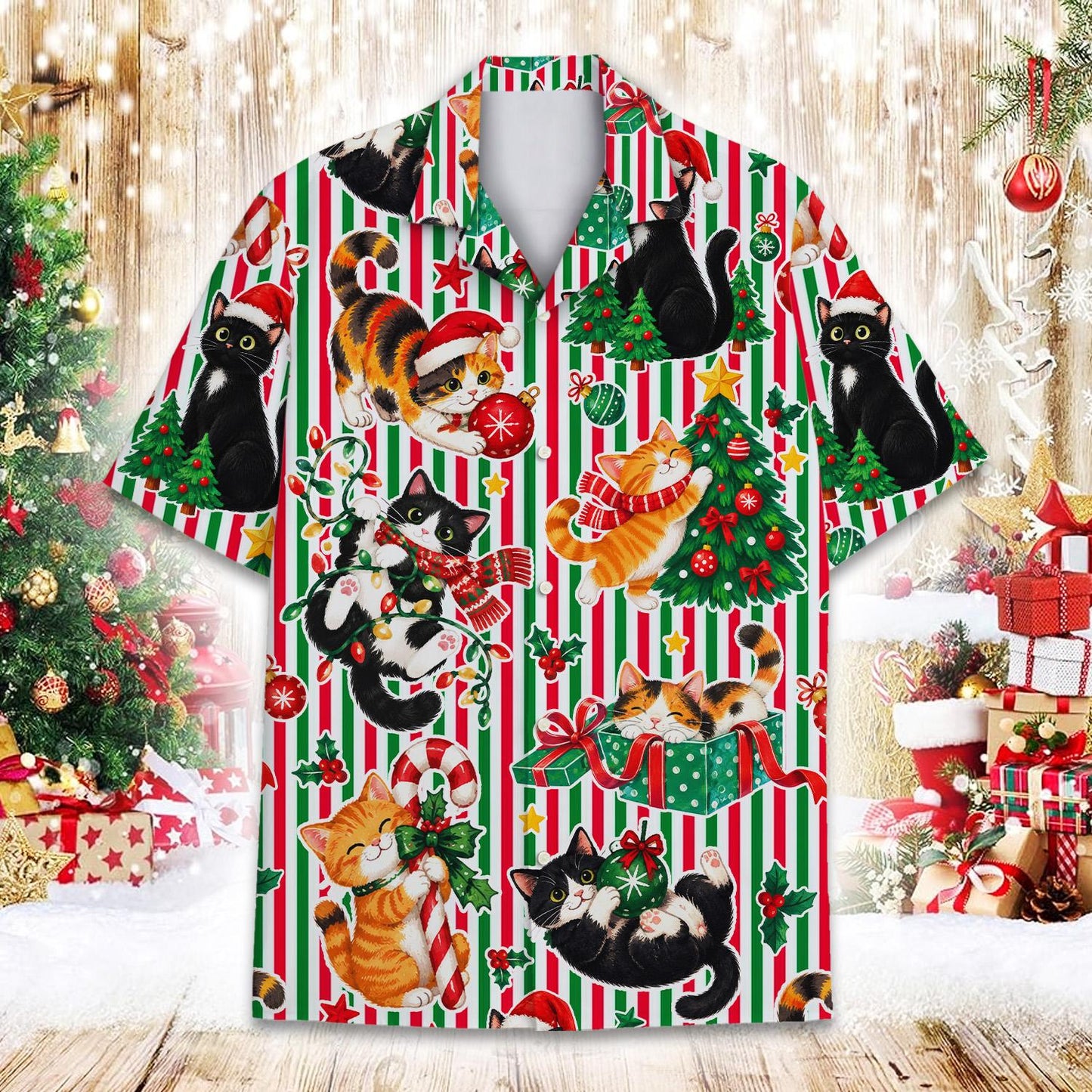 Person wearing the cat and striped christmas hawaiian shirt outdoors