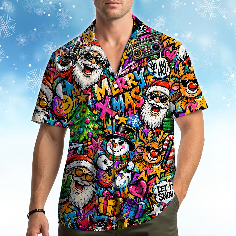 Lifestyle shot of the multicolor christmas hawaiian shirt worn casually