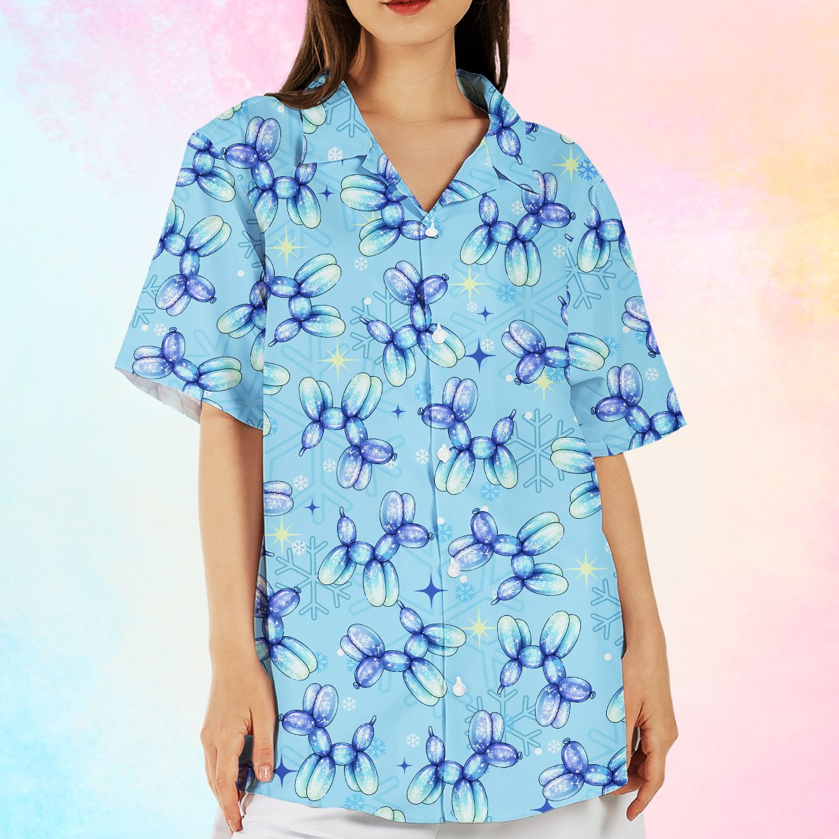 Lifestyle view of the light blue balloon dog christmas hawaiian shirt