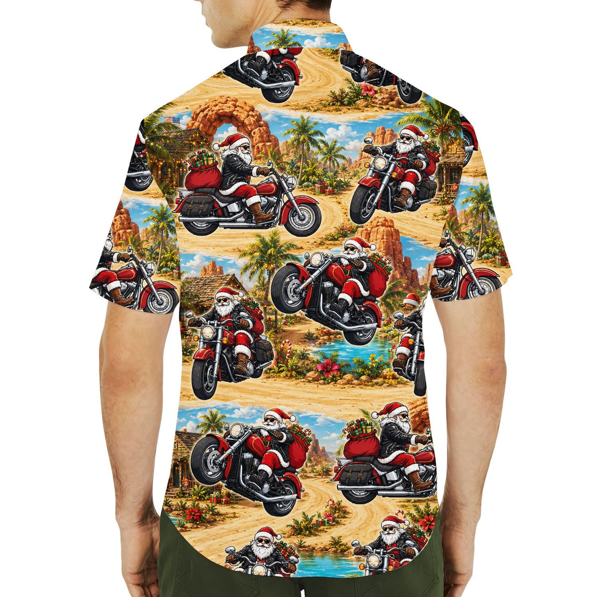 Another lifestyle view of the holiday hawaiian shirt featuring Santa on a red motorcycle
