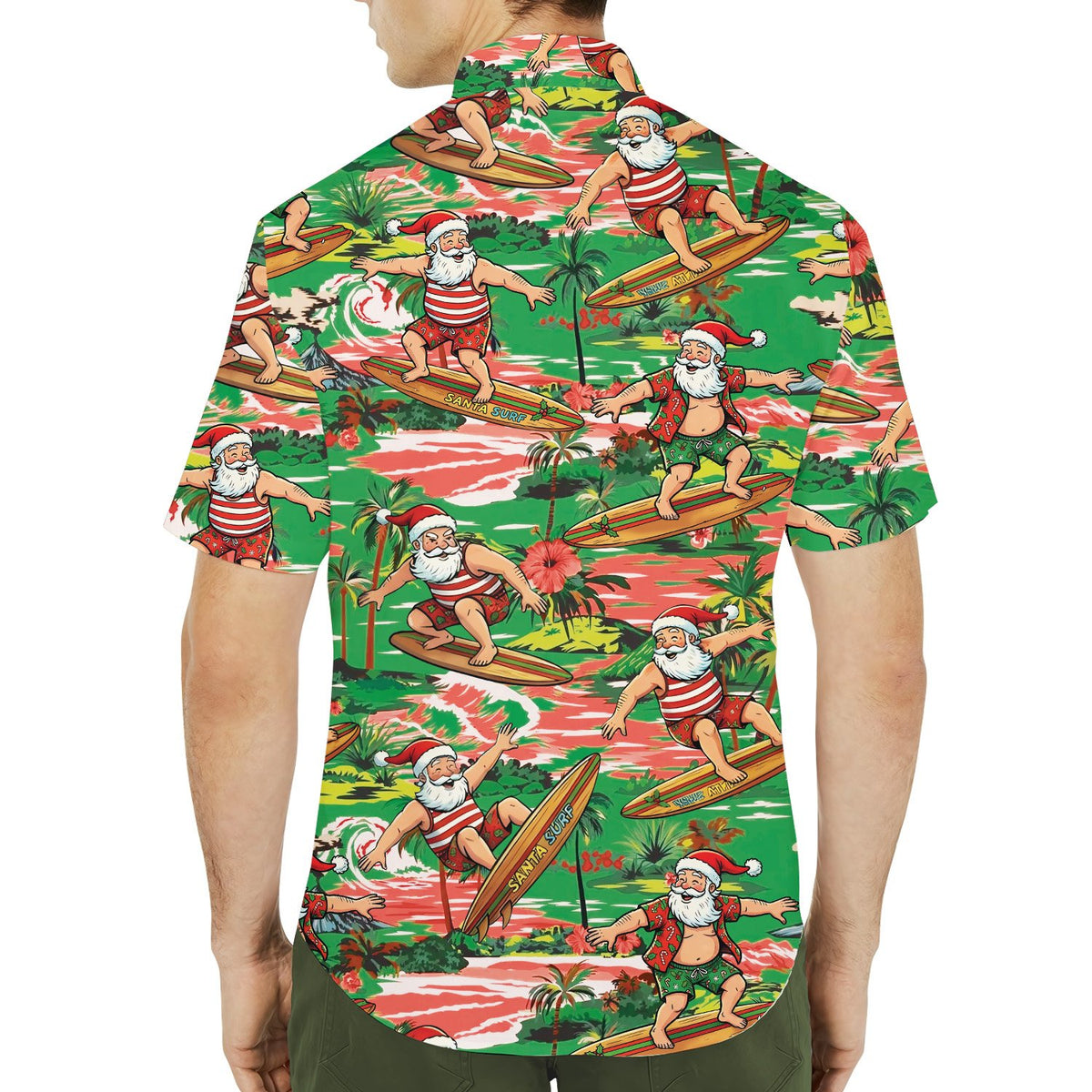 Matching family wearing the surfing Santa christmas hawaiian shirts, lifestyle view