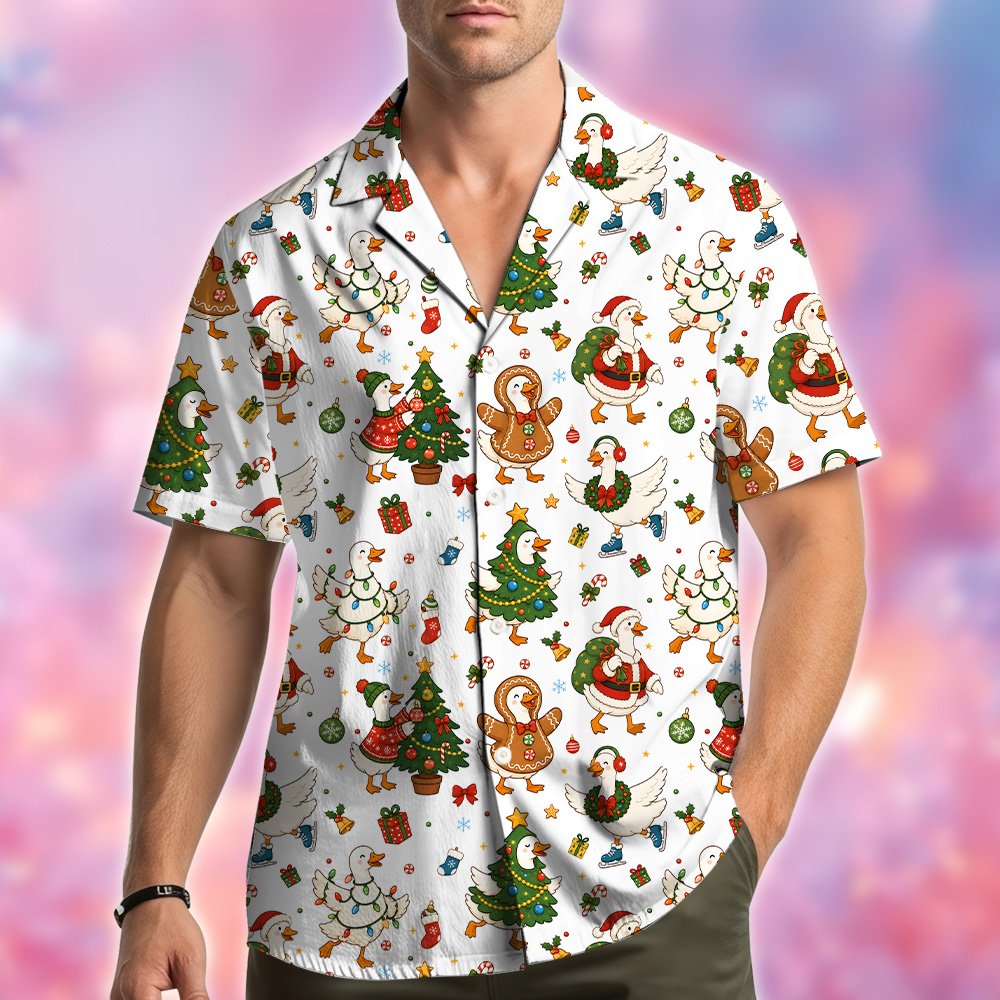 Second lifestyle view of the matching family christmas hawaiian shirt featuring festive ducks