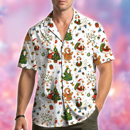 Second lifestyle view of the matching family christmas hawaiian shirt featuring festive ducks